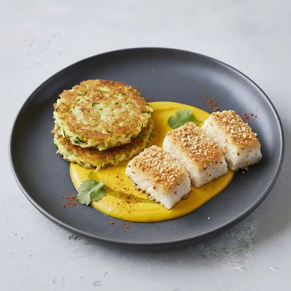 Coconut Macadamia Encrusted Fish With Spiced Curry Emulsion And Keto Vegetable Rosti